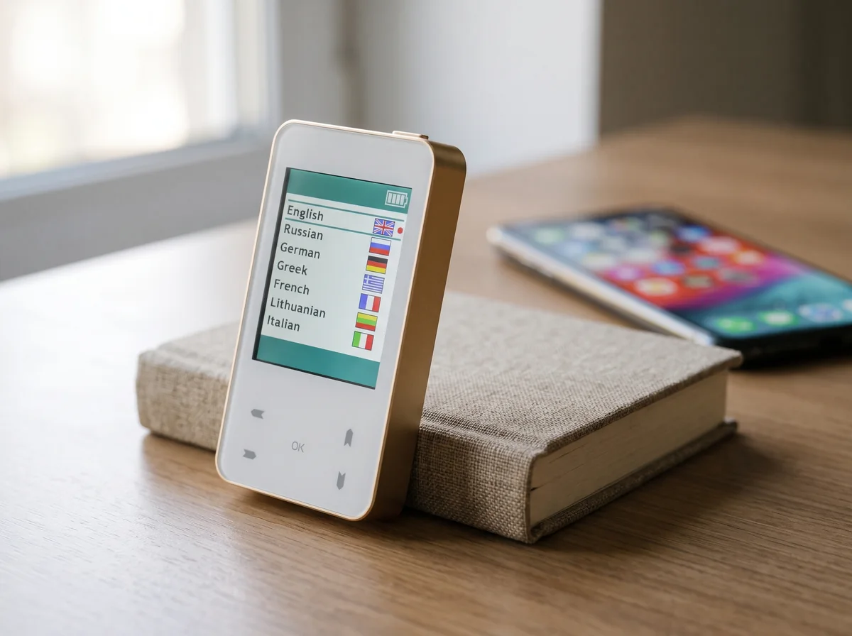 Trinity standing on a book on a wooden desk, next to a smartphone
