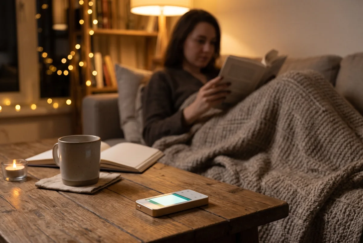 A woman reading on the sofa in the evening under a blanket; Trinity lies on the coffee table in front of her with the screen on