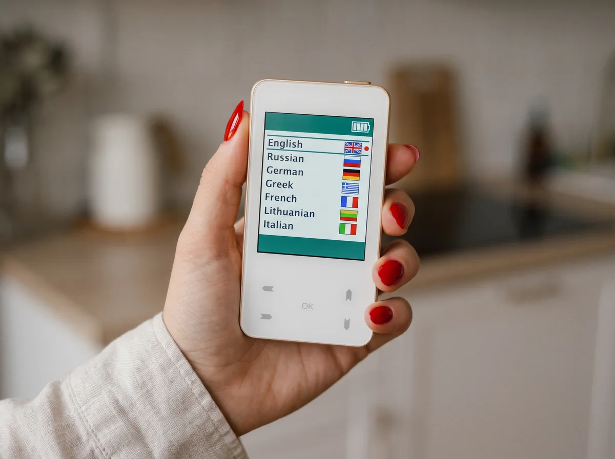 Trinity in hand in a bright kitchen — the screen shows the device menu